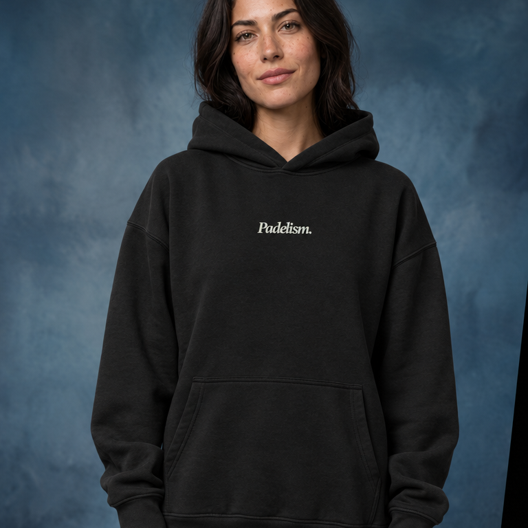Padelism Mk1 - Box Hoodie in Black — female model, front