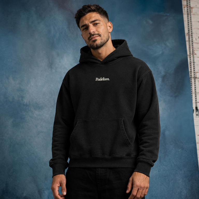 Padelism Mk1 - Box Hoodie in Black — male model, posed
