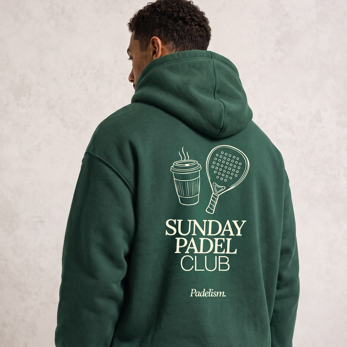 Sunday Padel Club Hoodie in Eden Green — male model, back detail