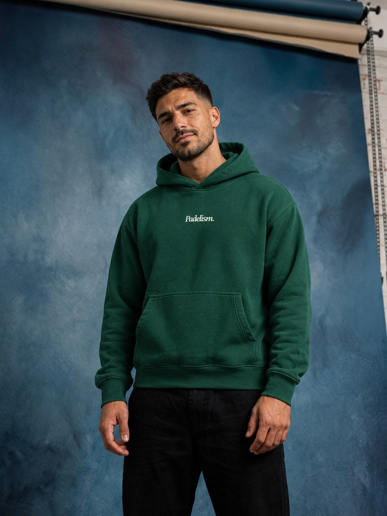 Model in the Mk1 Box Hoodie in Eden Green