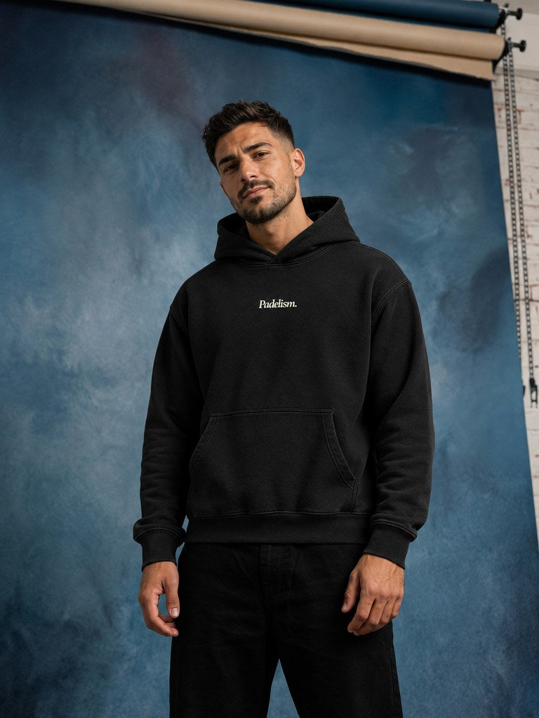 Model in the Mk1 Box Hoodie in Black