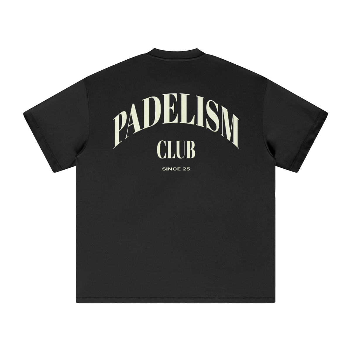 Padelism Club 25 - Heavyweight T-Shirt in Black, flat lay, 100% cotton padel t-shirt designed in London