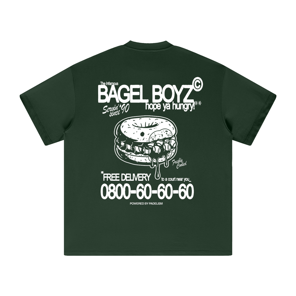 Bagel Boyz - Heavyweight T-shirt in Blackish Green, flat lay, premium heavyweight padel t-shirt by Padelism