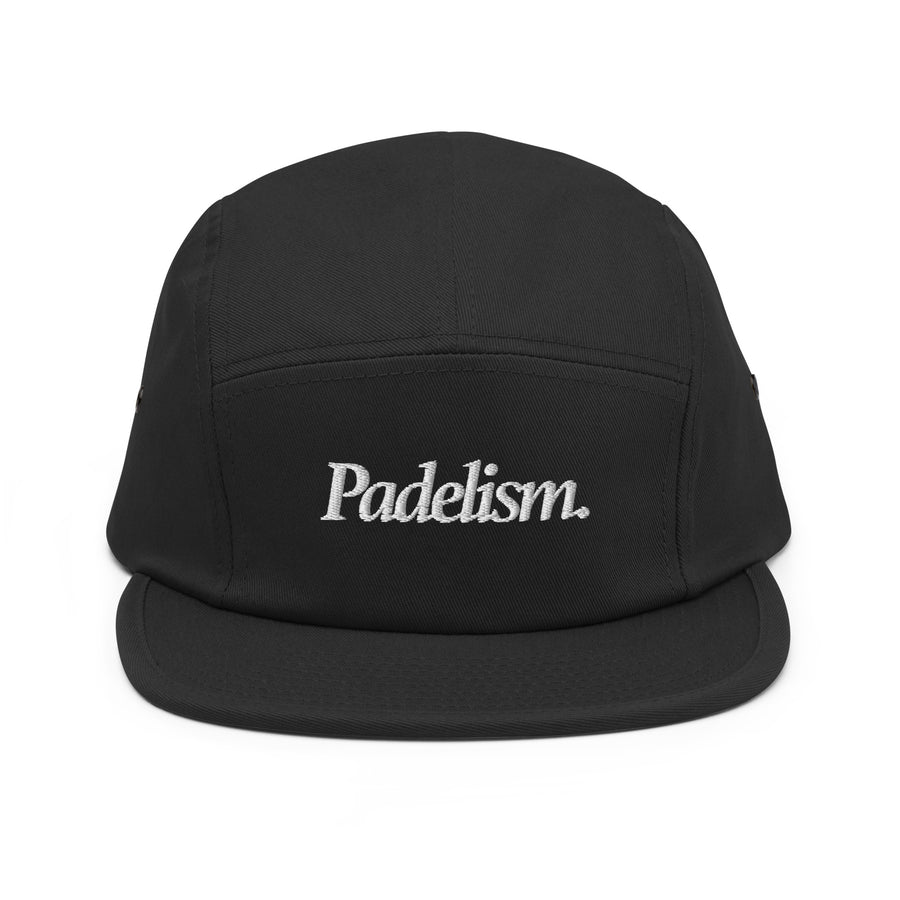Padelism Five Panel Cap in Black front view — padel cap with embroidered Padelism logo