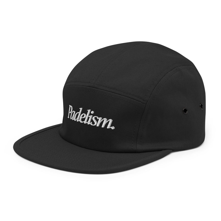 Padelism Five Panel Cap in Black left-front view — padel cap with embroidered Padelism logo
