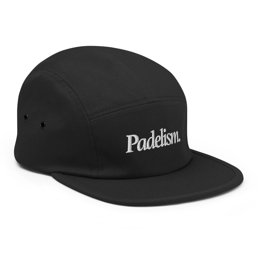 Padelism Five Panel Cap in Black right-front view — padel cap with embroidered Padelism logo