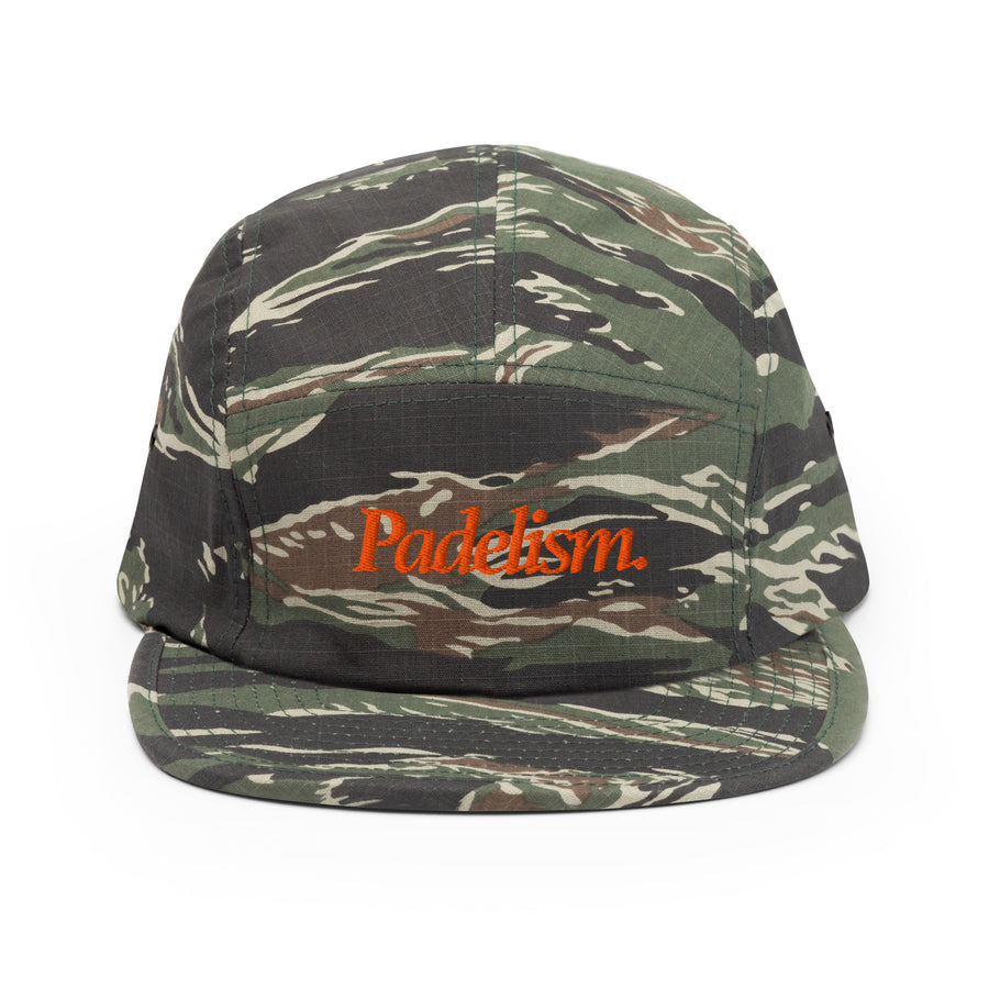 Friends + Family - Camo Five Panel Cap by Padelism front view — camouflage padel cap