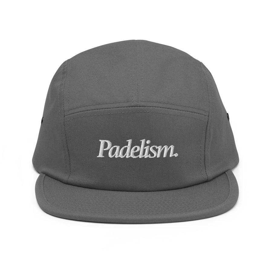 Padelism Five Panel Cap in Grey front view — padel cap with embroidered Padelism logo