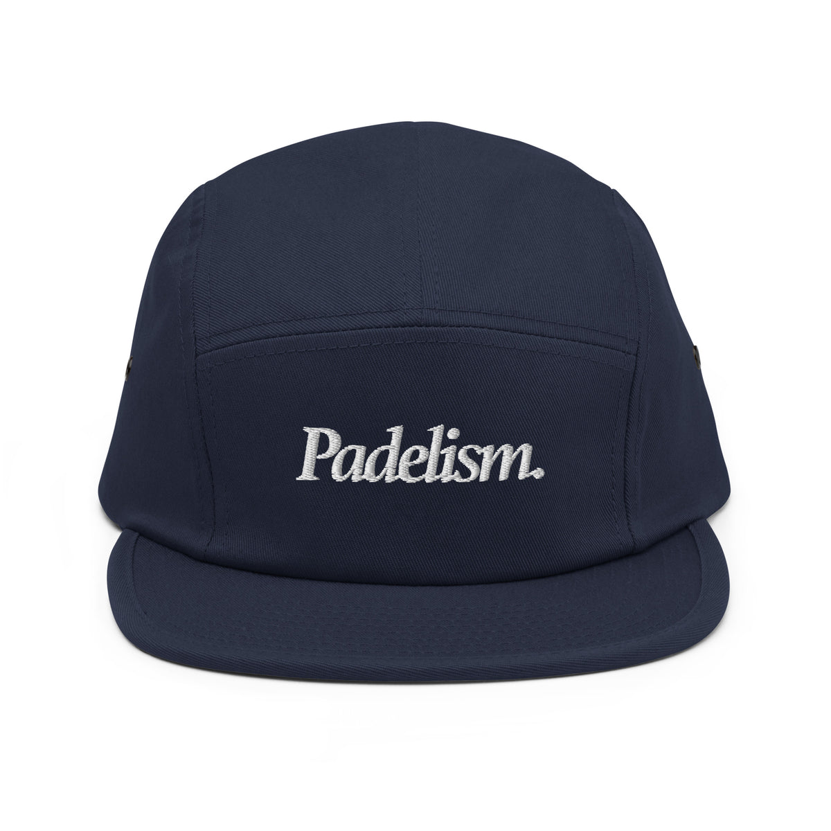 Padelism Five Panel Cap in Navy front view — padel cap with embroidered Padelism logo