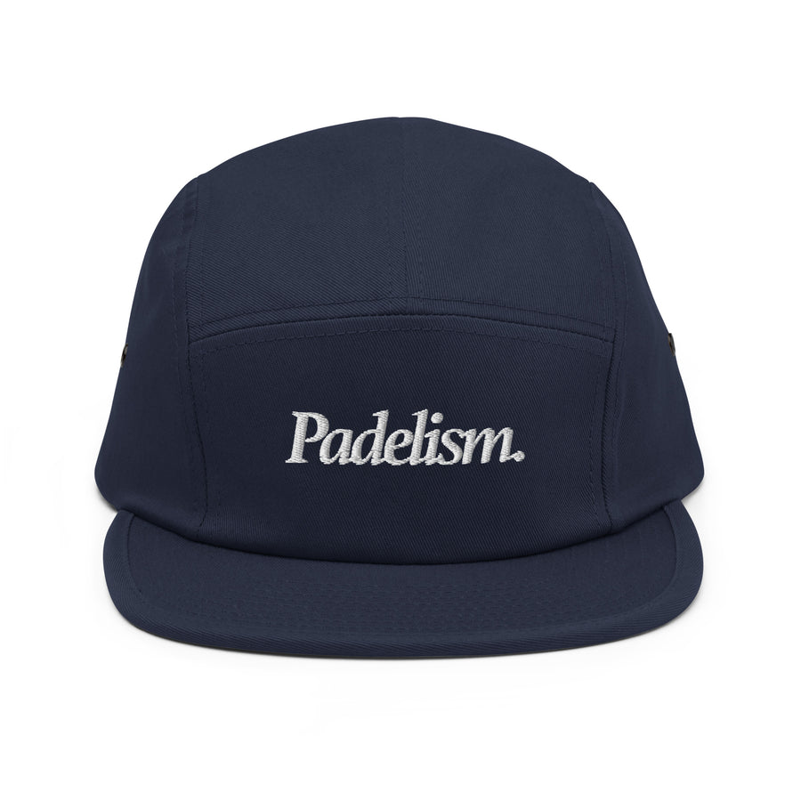 Padelism Five Panel Cap in Navy front view — padel cap with embroidered Padelism logo