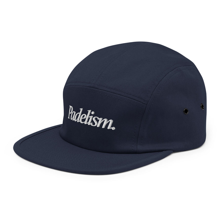 Padelism Five Panel Cap in Navy left-front view — padel cap with embroidered Padelism logo