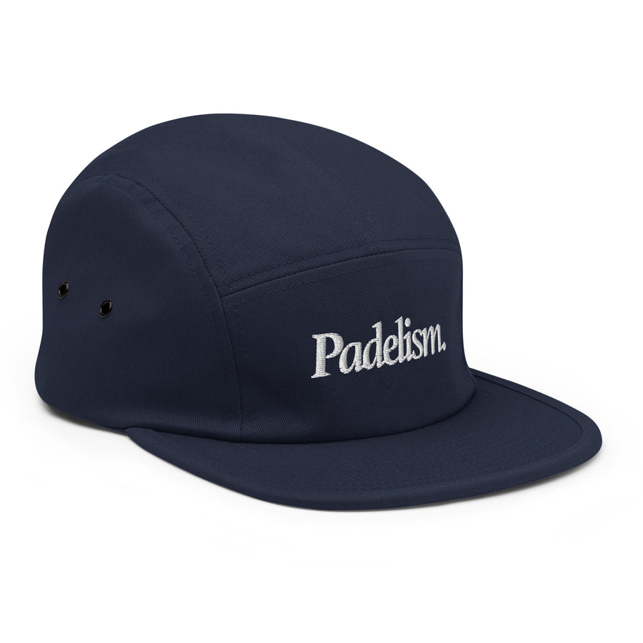 Padelism Five Panel Cap in Navy right-front view — padel cap with embroidered Padelism logo