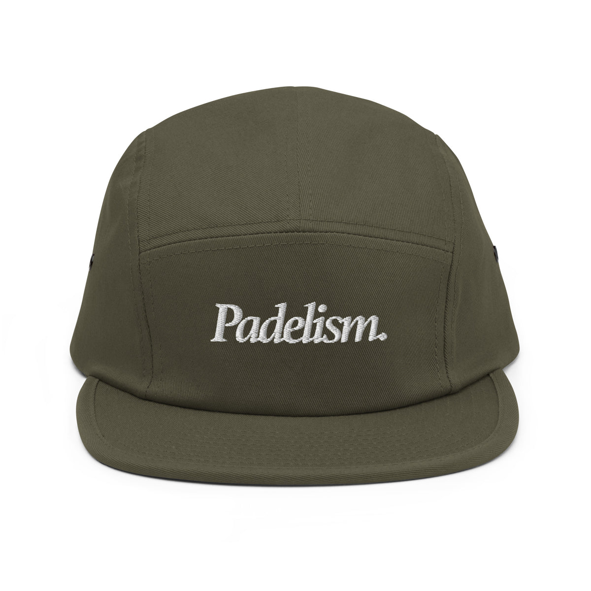 Padelism Five Panel Cap in Olive front view — padel cap with embroidered Padelism logo
