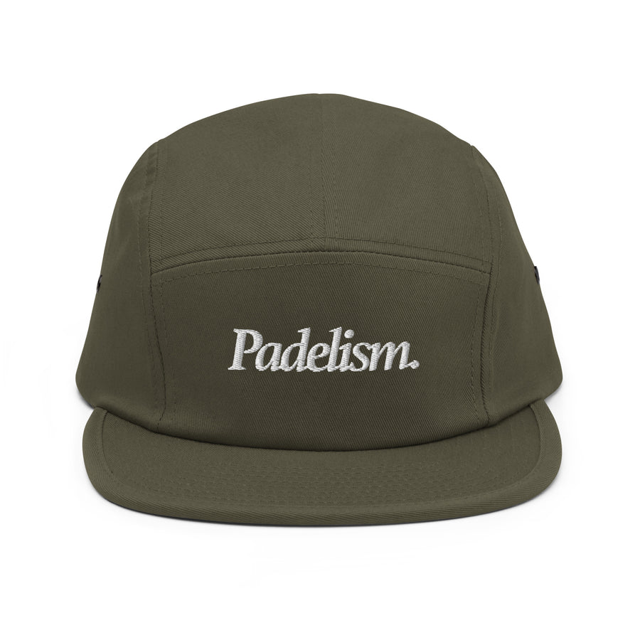 Padelism Five Panel Cap in Olive front view — padel cap with embroidered Padelism logo