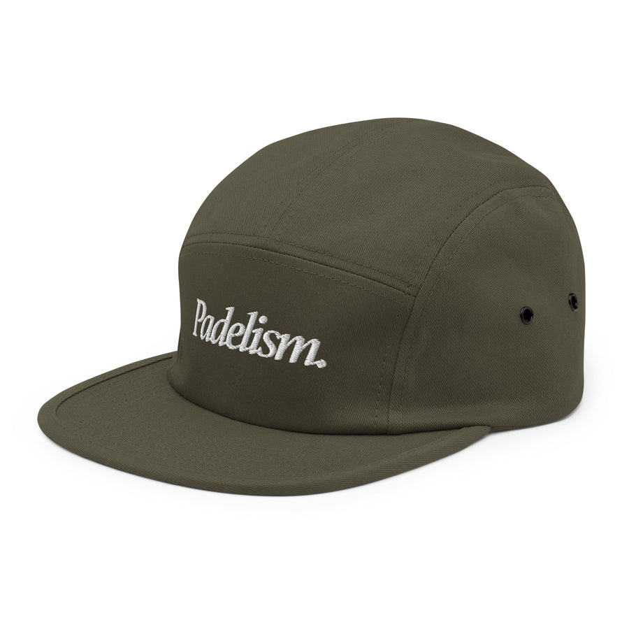 Padelism Five Panel Cap in Olive left-front view — padel cap with embroidered Padelism logo
