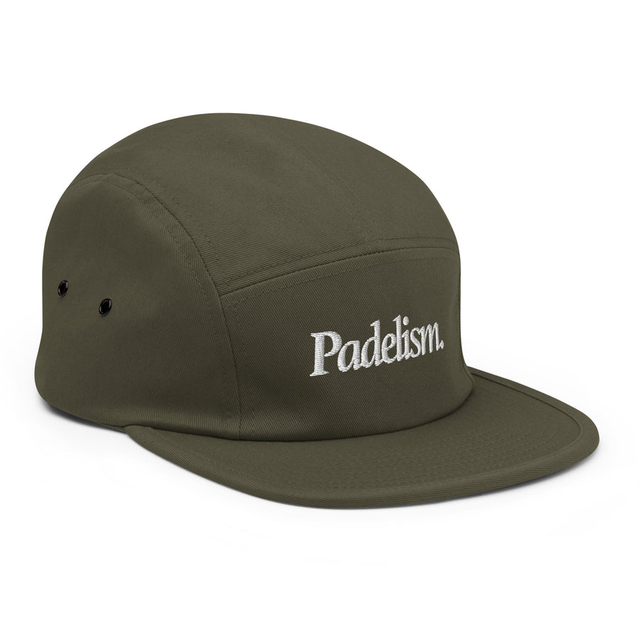 Padelism Five Panel Cap in Olive right-front view — padel cap with embroidered Padelism logo