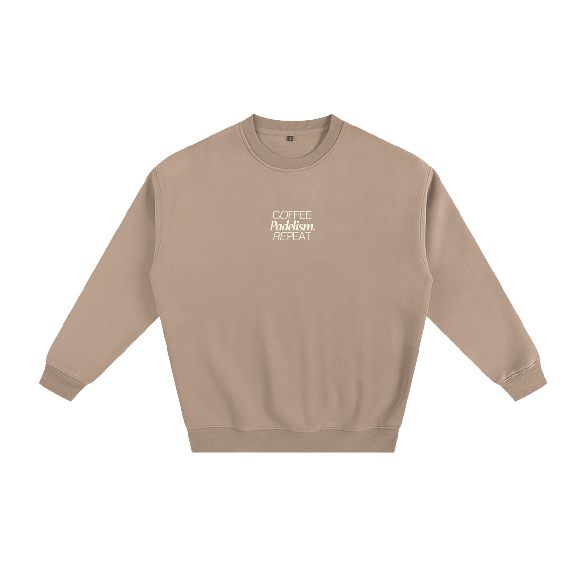 Coffee Padelism Repeat Sweatshirt in Gray Apricot, flat lay, heavyweight cotton-blend padel sweatshirt