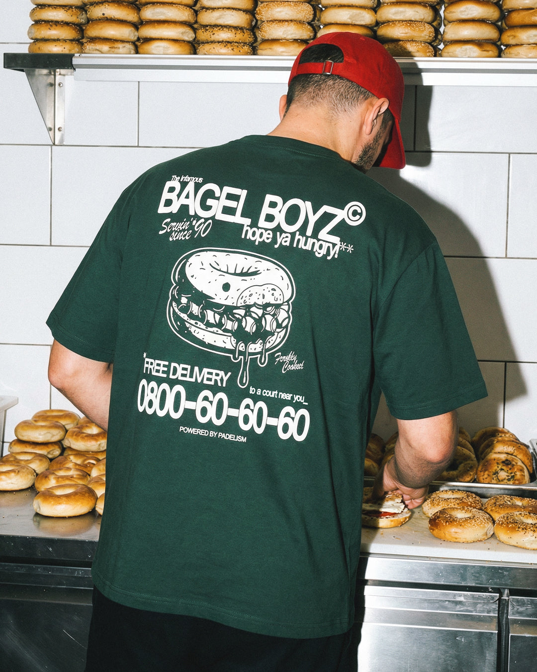 Bagel Boyz - Heavyweight T-shirt in Blackish Green, worn on model