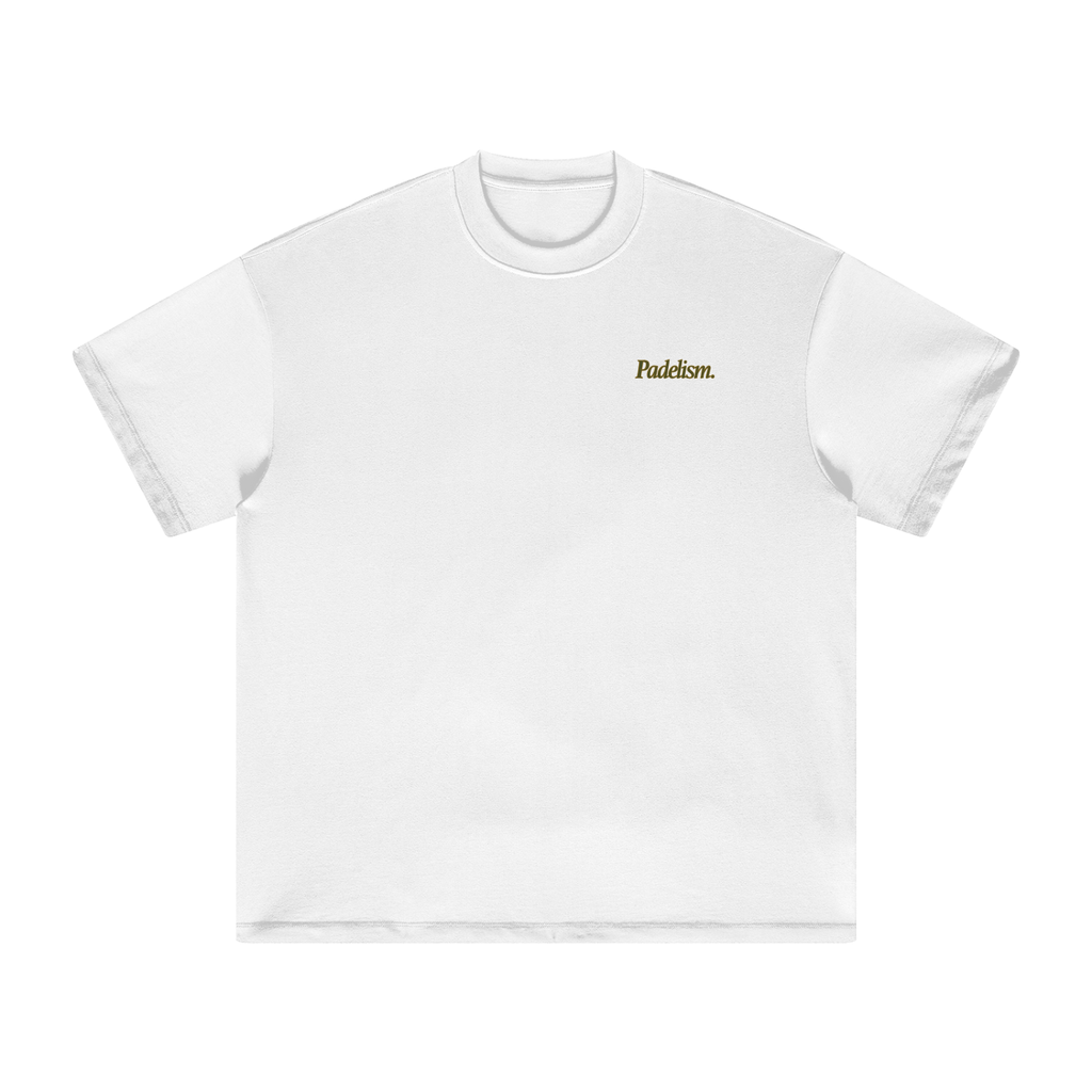 Swing Sign  - Heavyweight T-Shirt in White, flat lay, premium heavyweight padel t-shirt by Padelism