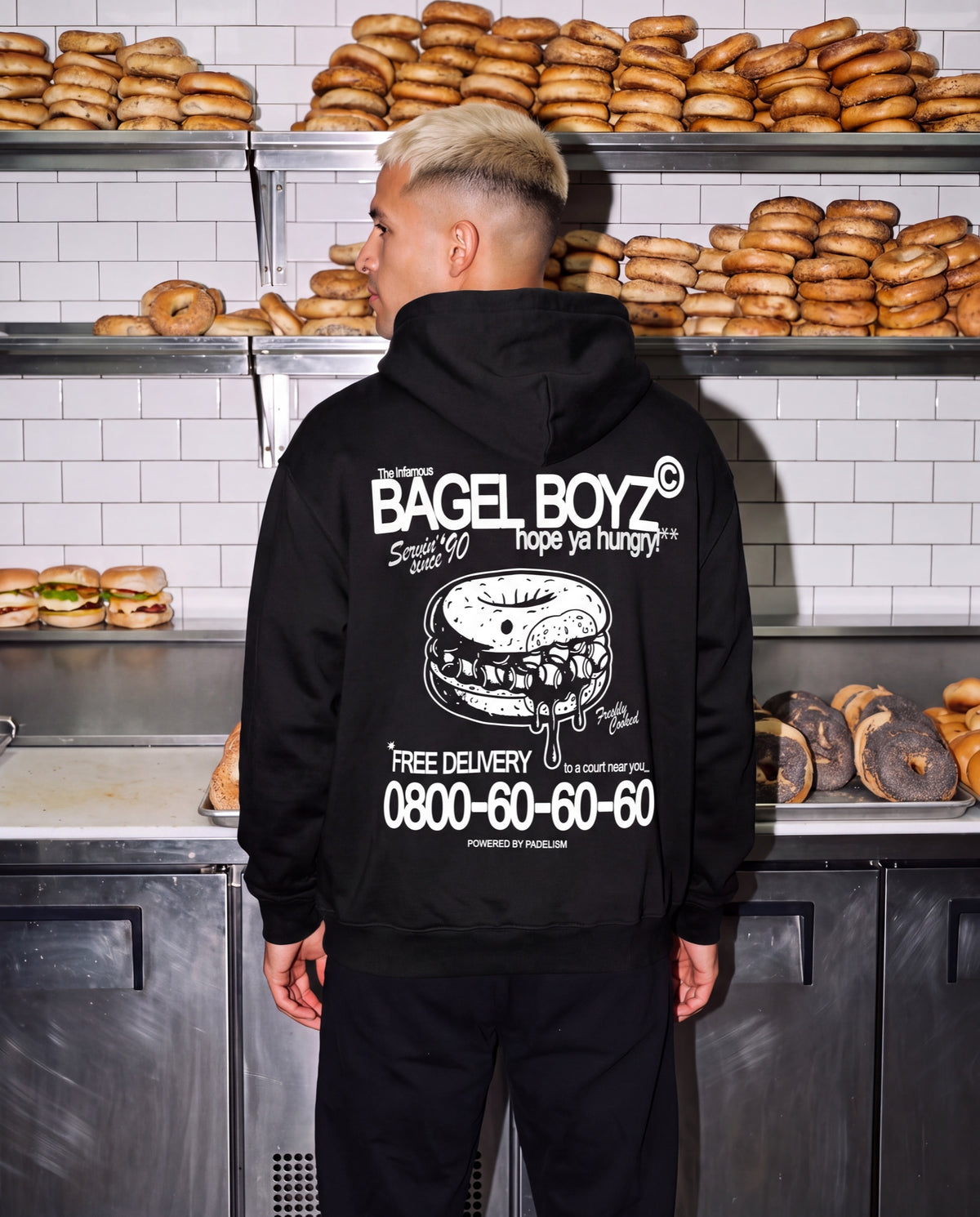 Bagel Boyz - Box Hoodie in Black, worn on model, man, back