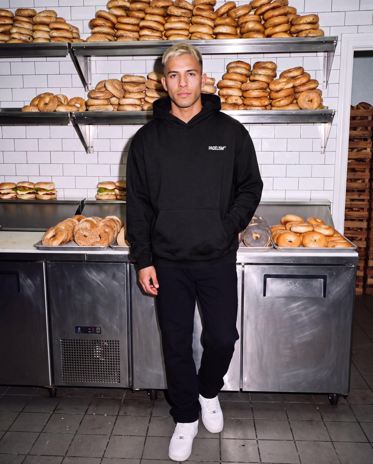 Bagel Boyz - Box Hoodie in Black, worn on model, man, front