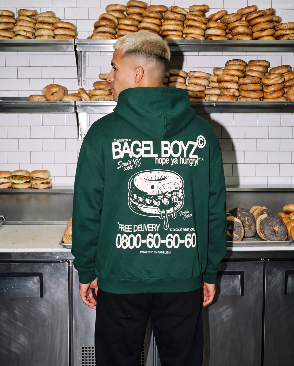 Bagel Boyz - Box Hoodie in Eden Green, worn on model, man, back