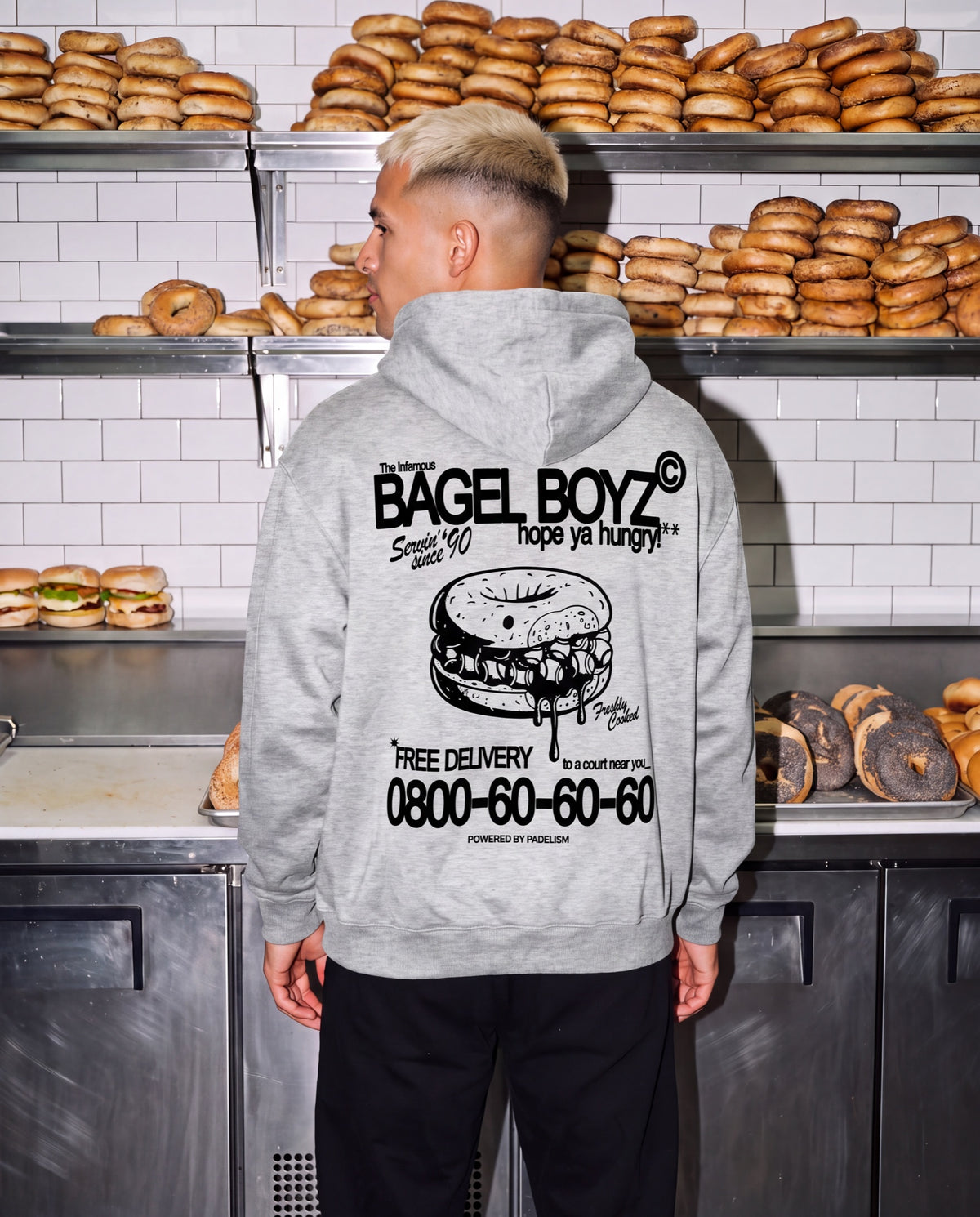 Bagel Boyz - Box Hoodie in Flower Gray, worn on model, man, back