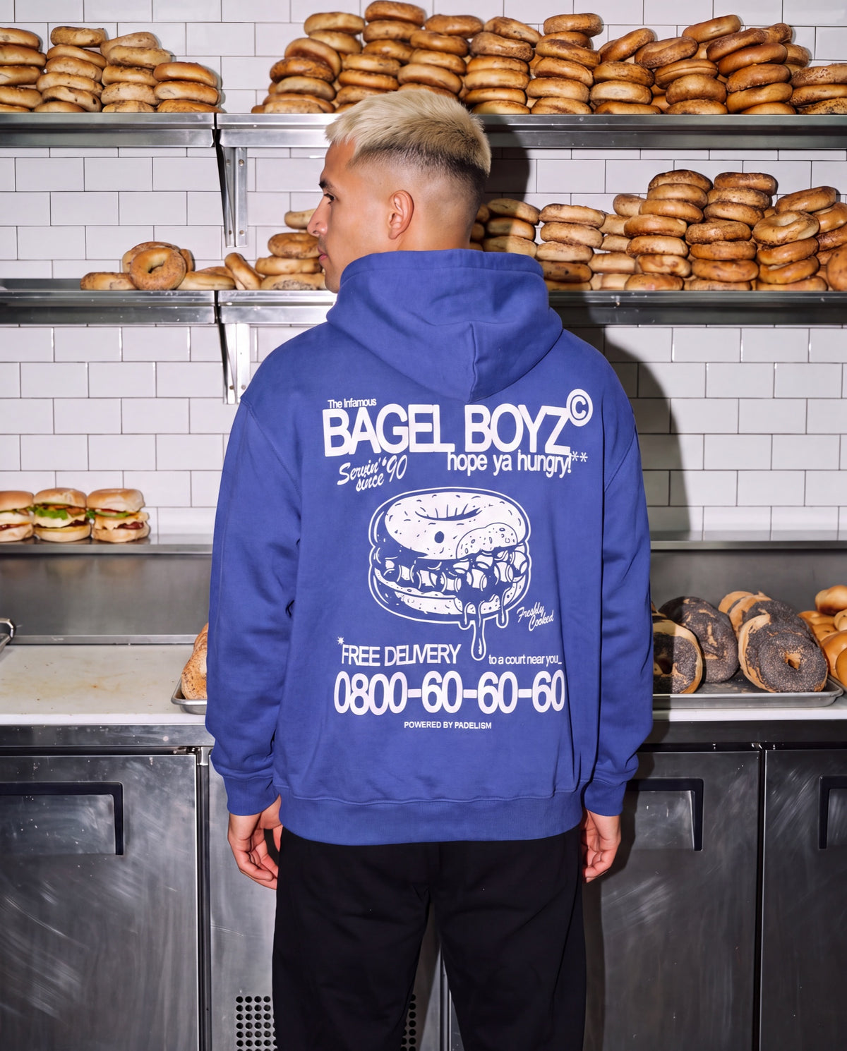 Bagel Boyz - Box Hoodie in Klein Blue, worn on model, man, back