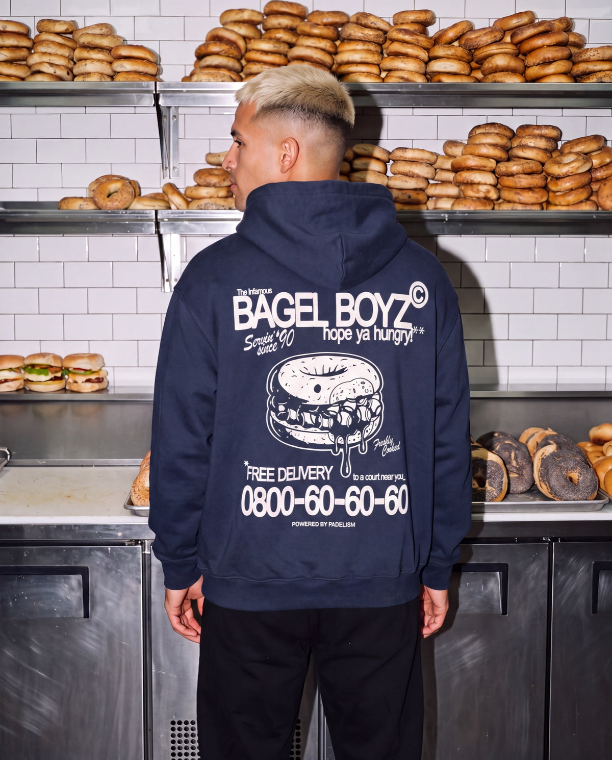 Bagel Boyz - Box Hoodie in Navy Blue, worn on model, man, back