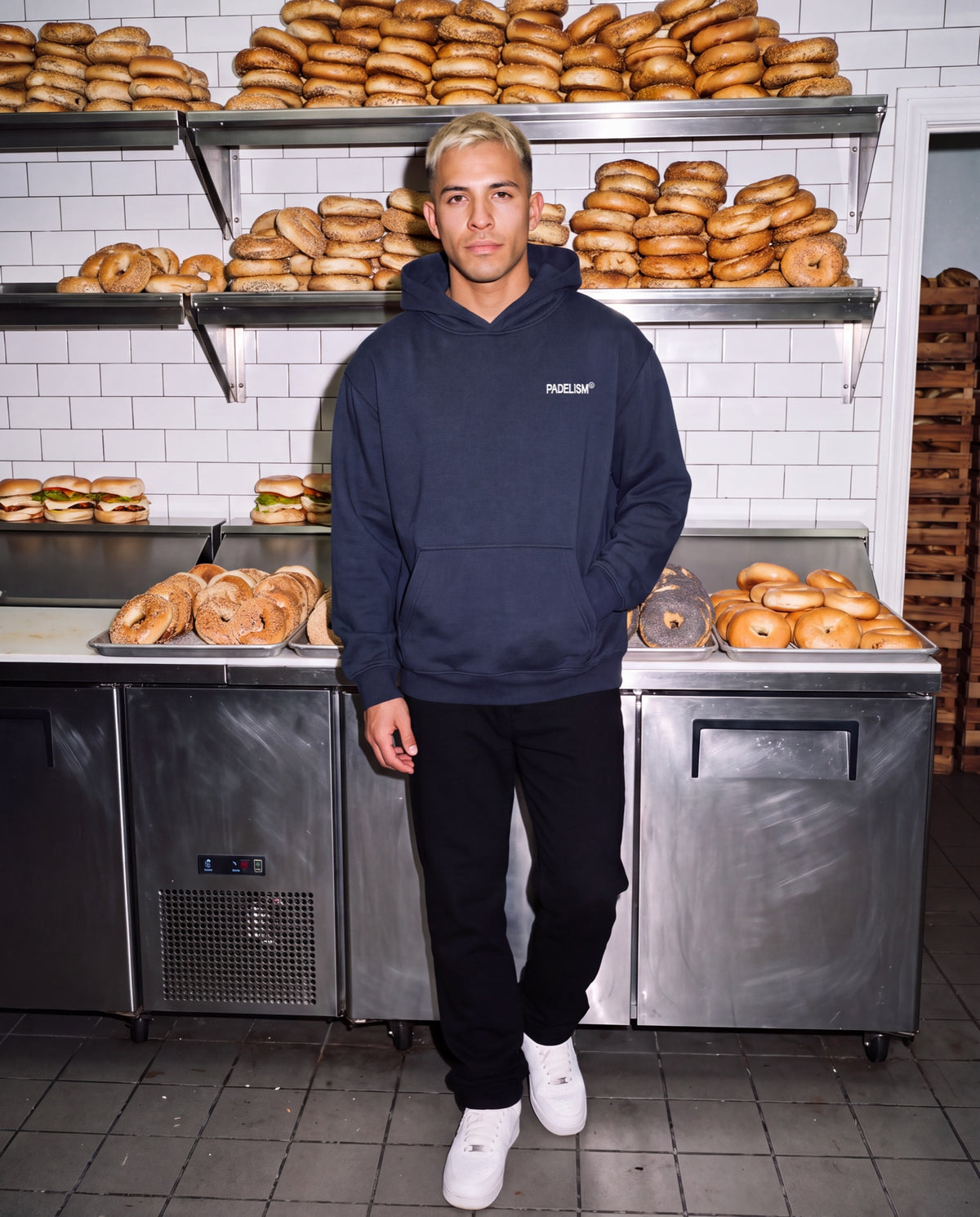 Bagel Boyz - Box Hoodie in Navy Blue, worn on model, man, front