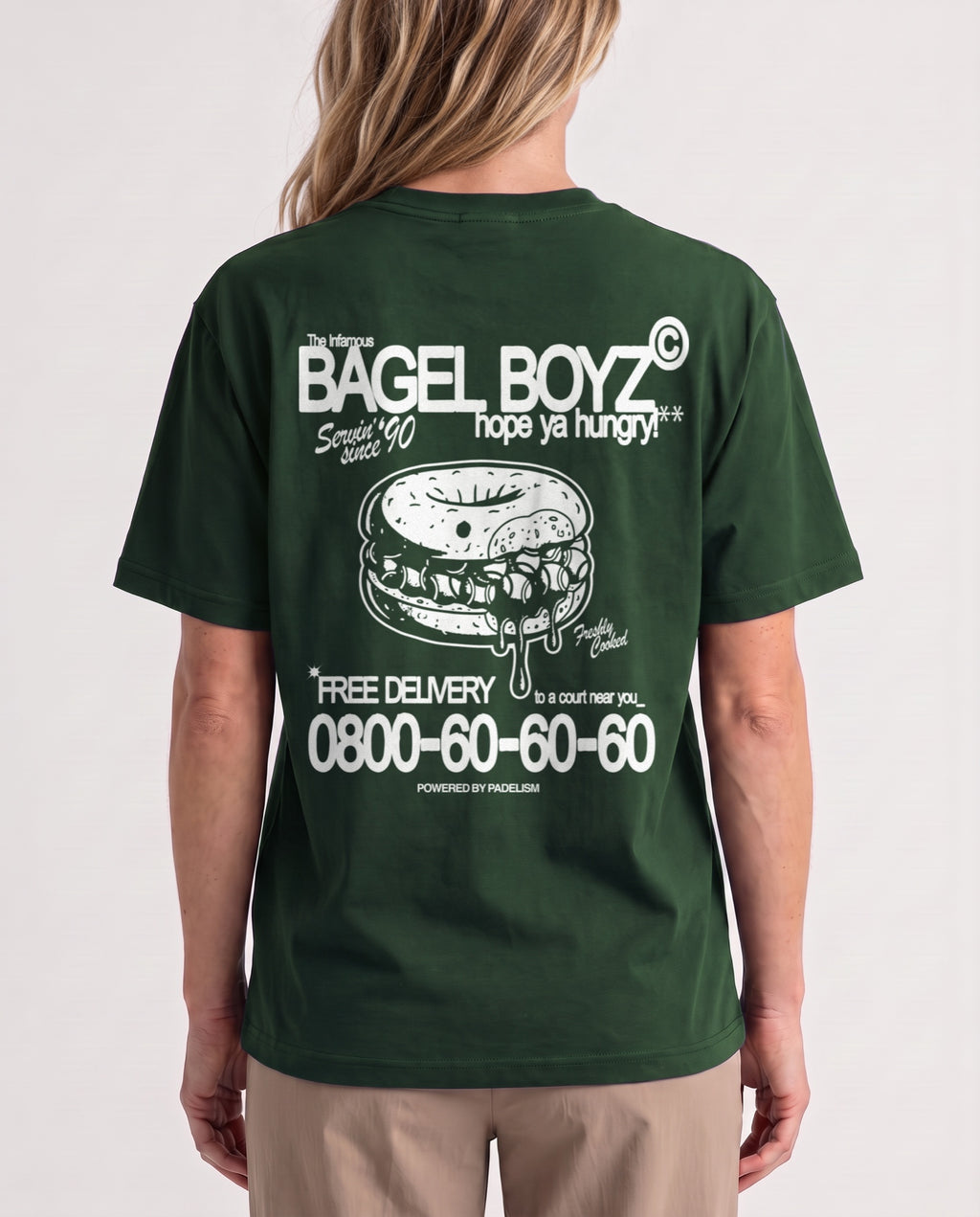 Bagel Boyz - Heavyweight T-shirt in Blackish Green, worn on model, woman, back close