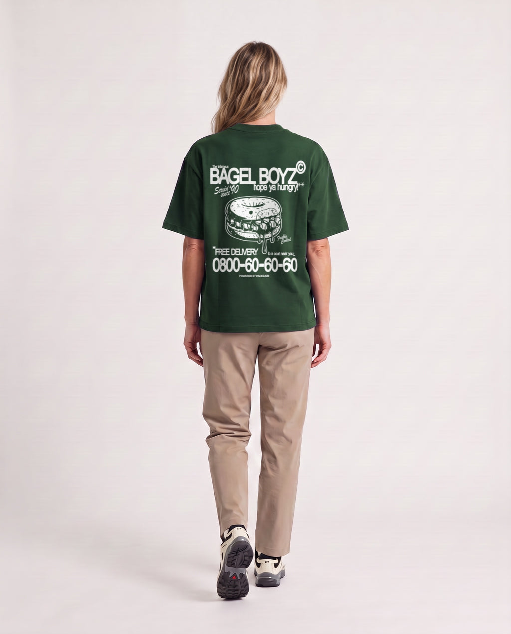 Bagel Boyz - Heavyweight T-shirt in Blackish Green, worn on model, woman, back walk