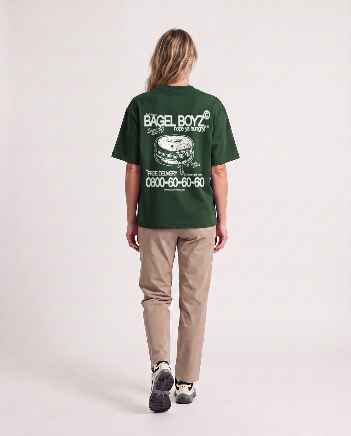 Bagel Boyz - Heavyweight T-shirt in Blackish Green, worn on model, woman, back walk