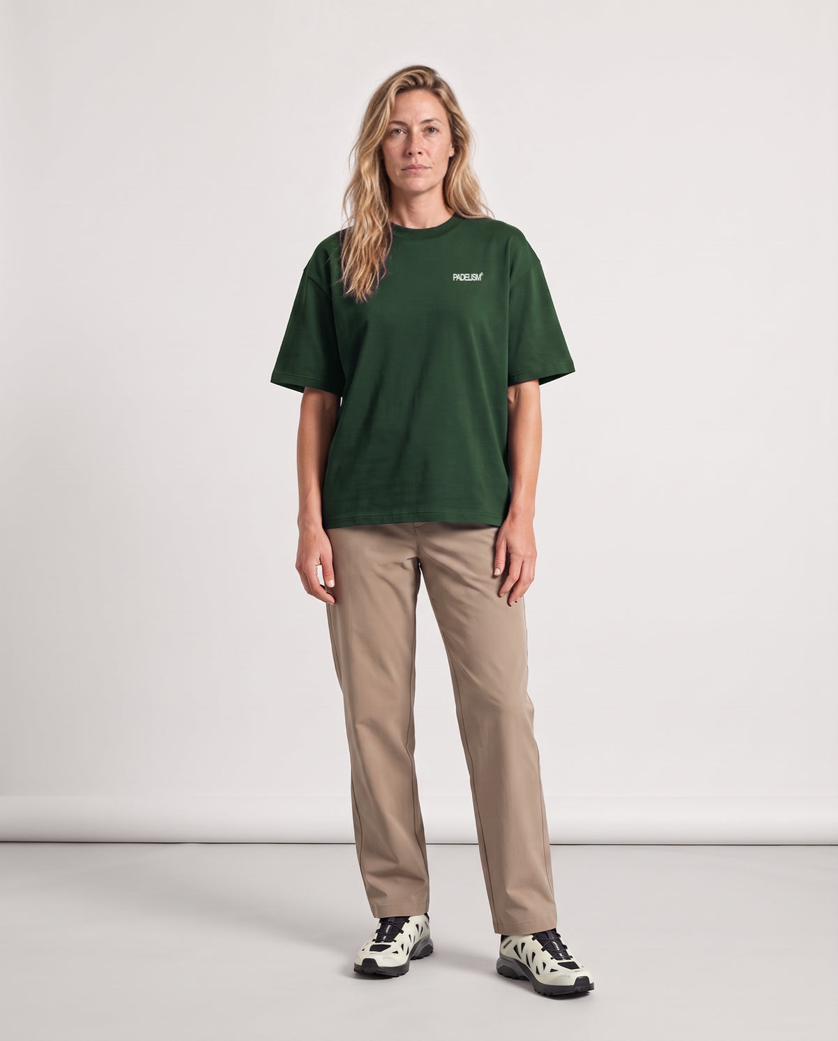 Bagel Boyz - Heavyweight T-shirt in Blackish Green, worn on model, woman, front