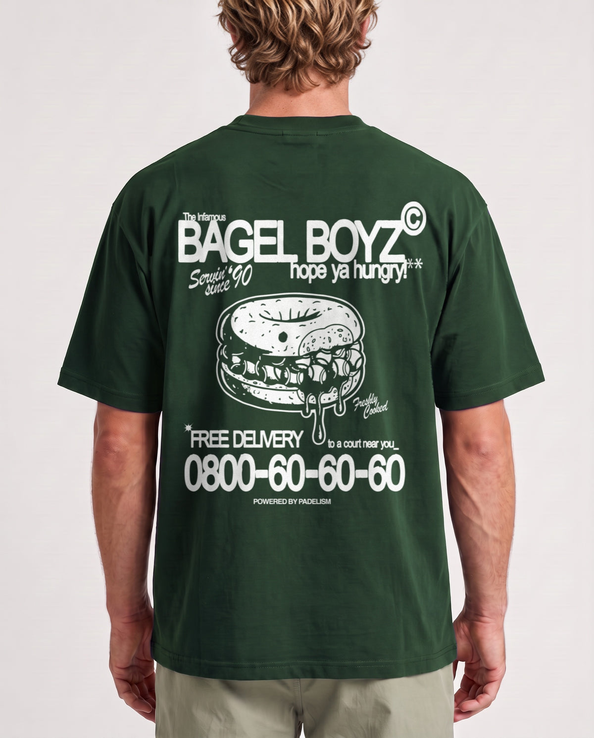 Bagel Boyz - Heavyweight T-shirt in Blackish Green, worn on model, man, back close