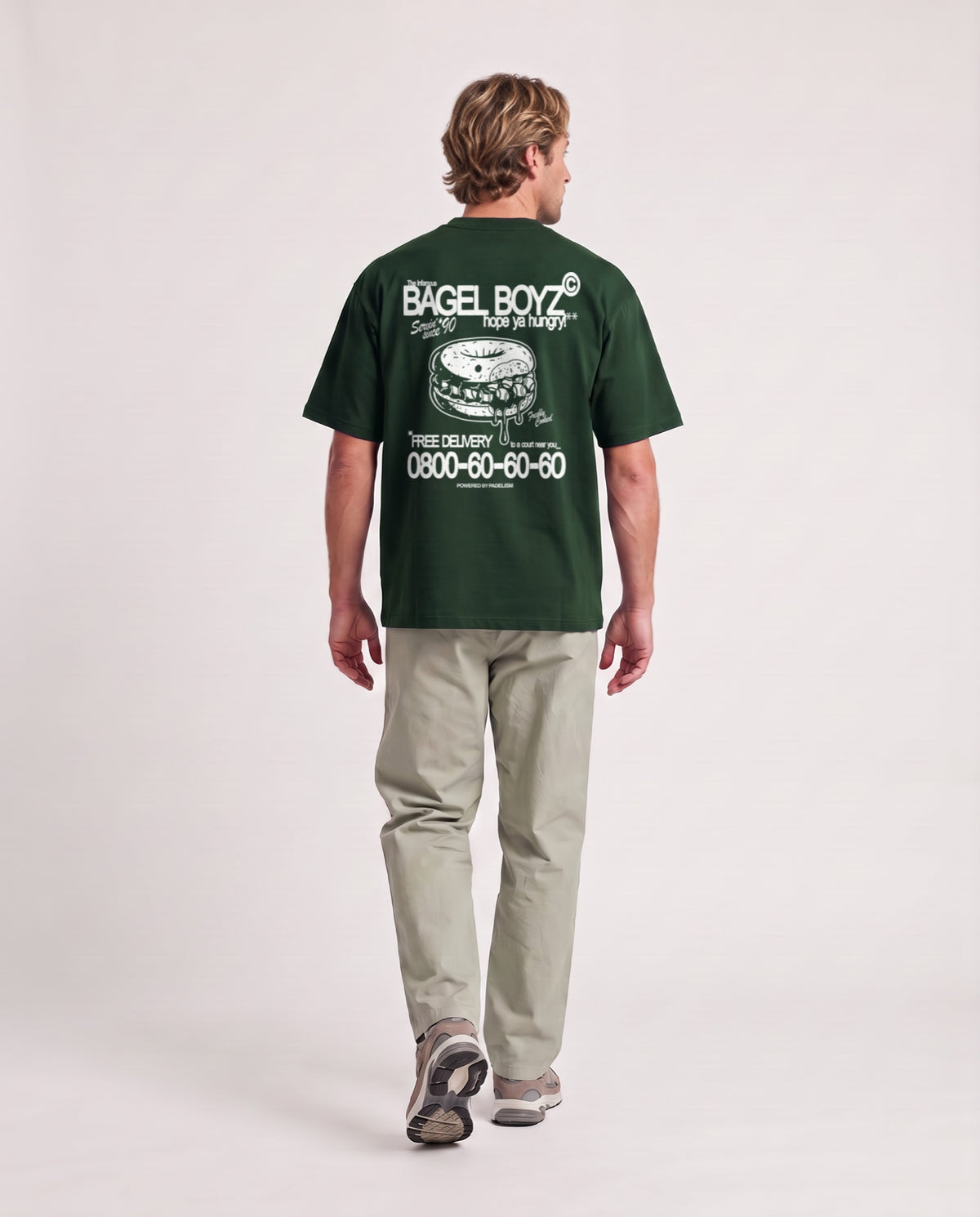 Bagel Boyz - Heavyweight T-shirt in Blackish Green, worn on model, man, back walk