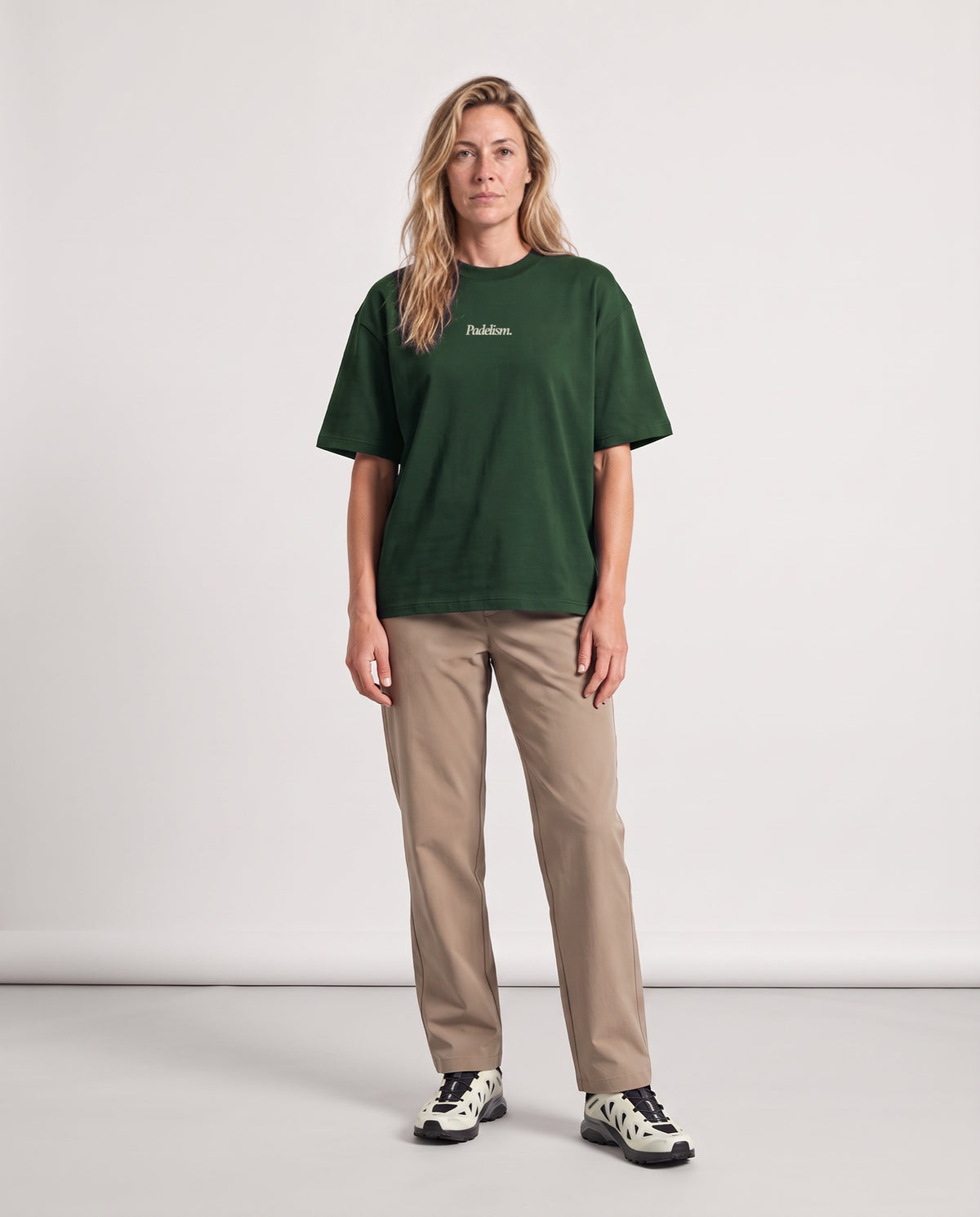 Classic CC - Heavyweight T-shirt in Dark Green, worn on model, woman, front