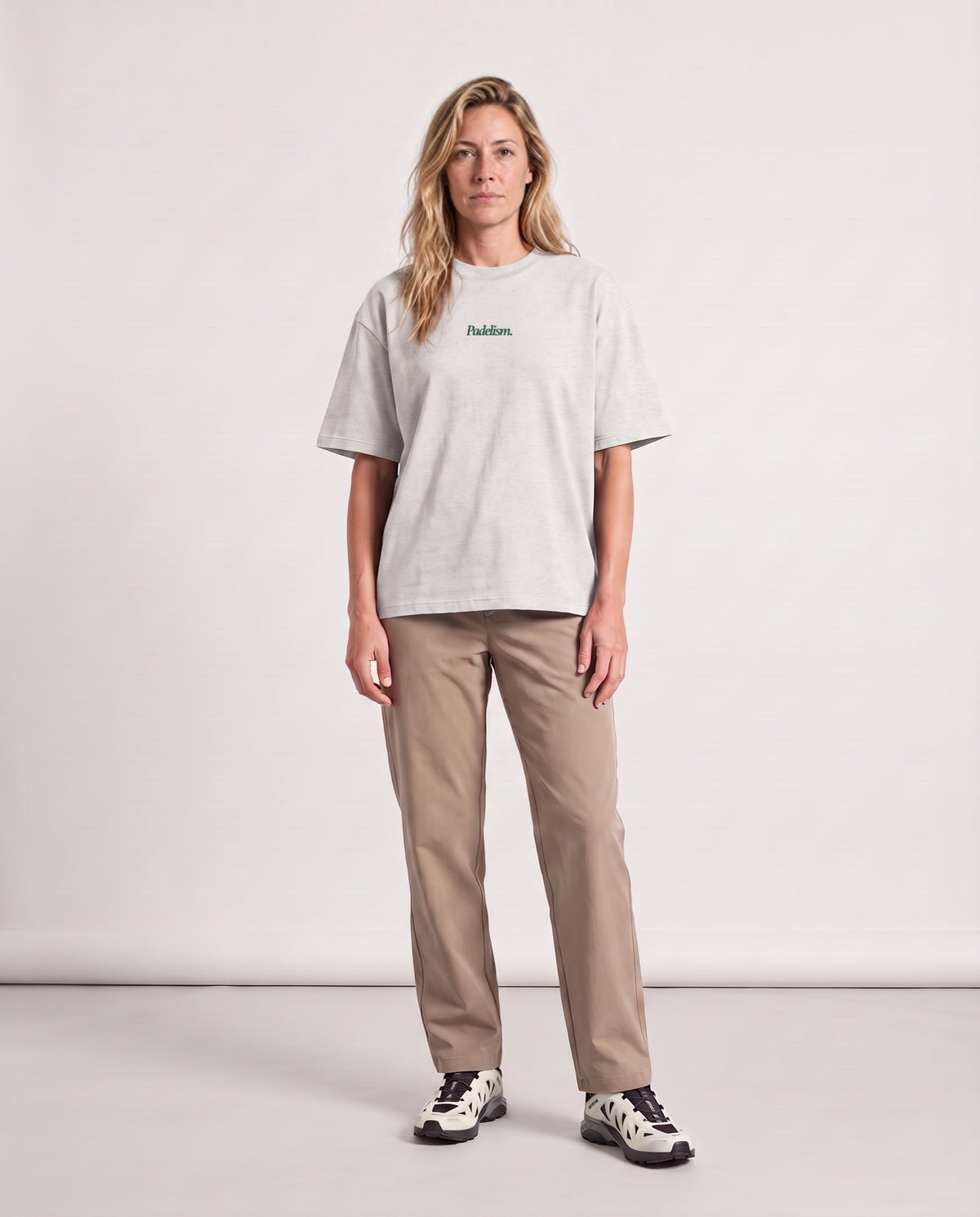 Classic CC - Heavyweight T-shirt in Oat Gray, worn on model, woman, front