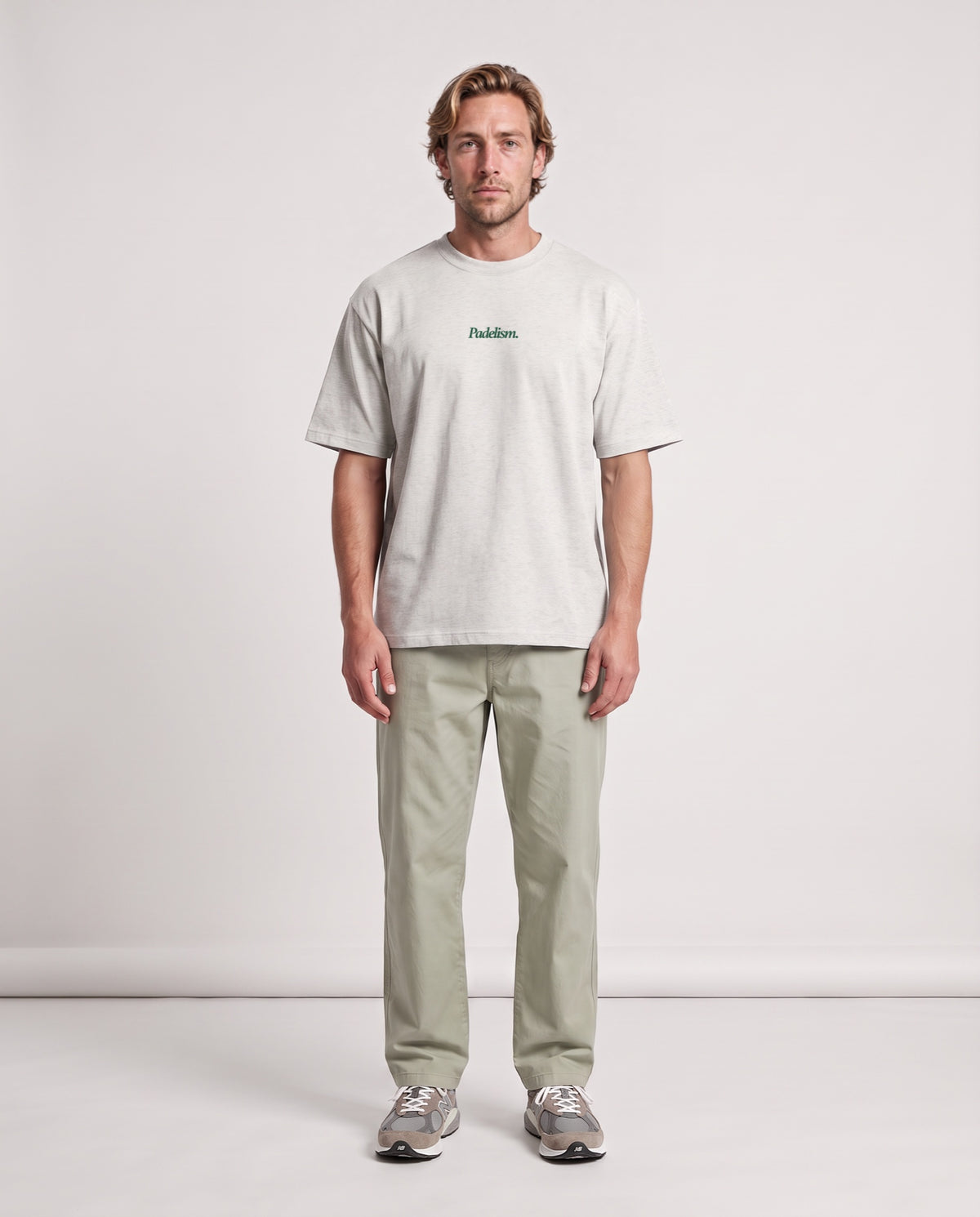 Classic CC - Heavyweight T-shirt in Oat Gray, worn on model, man, front