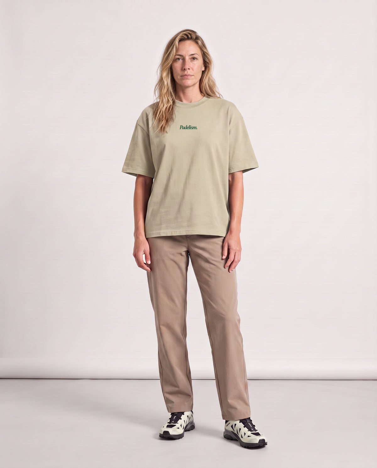 Classic CC - Heavyweight T-shirt in Sand Color, worn on model, woman, front