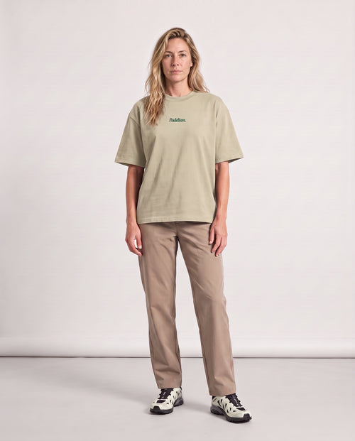 Classic CC - Heavyweight T-shirt in Sand Color, worn on model, woman, front