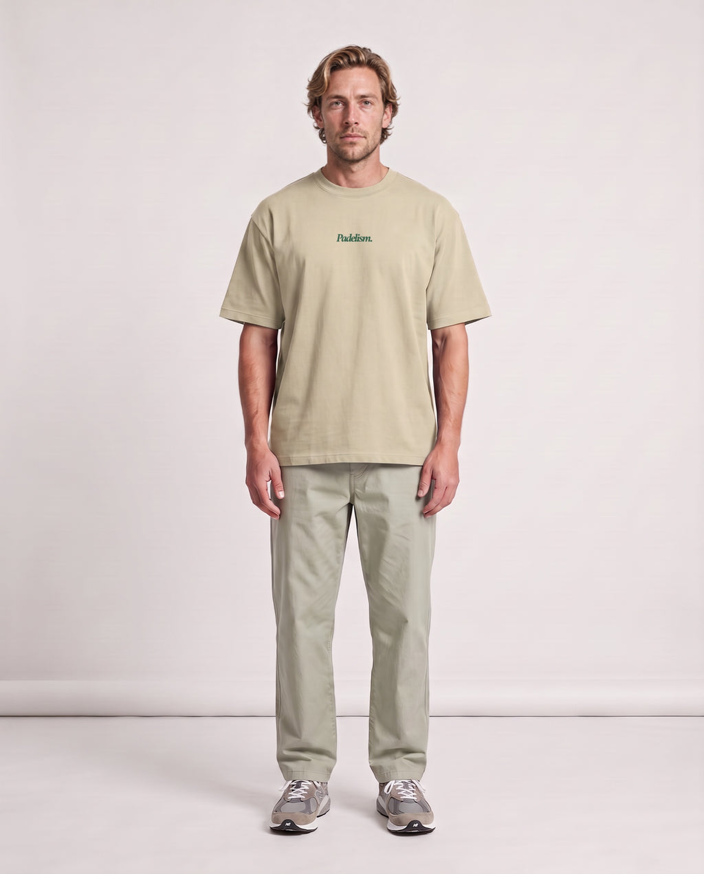 Classic CC - Heavyweight T-shirt in Sand Color, worn on model, man, front