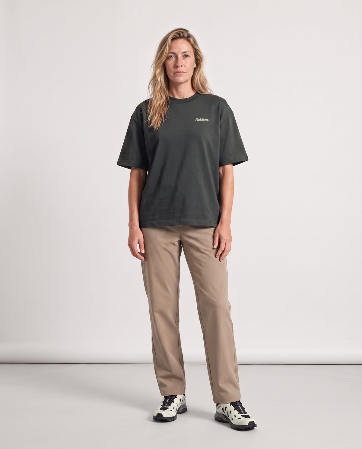 Classic LC - Heavyweight T-shirt in Carbon Gray, worn on model, woman, front