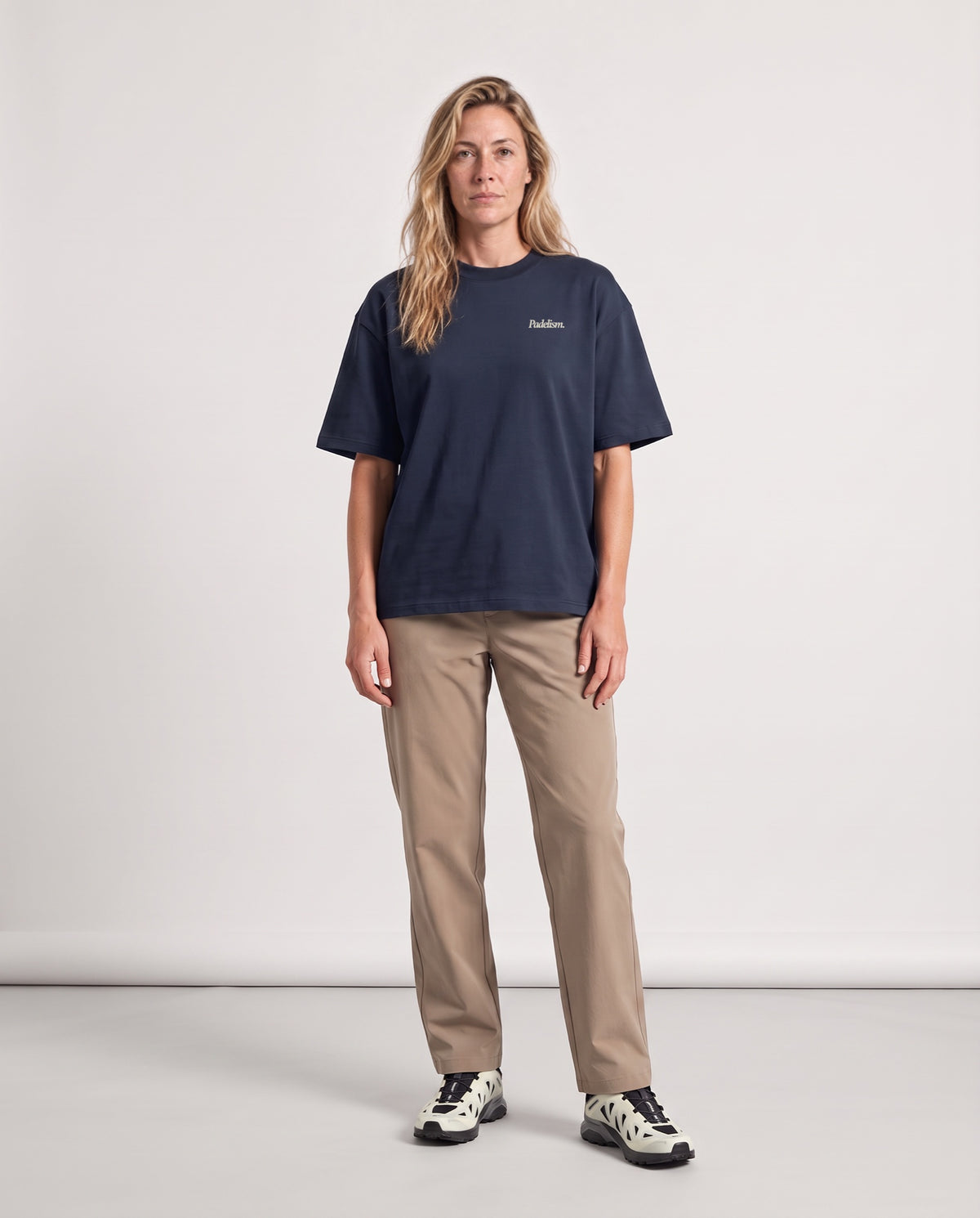 Classic LC - Heavyweight T-shirt in Navy, worn on model, woman, front