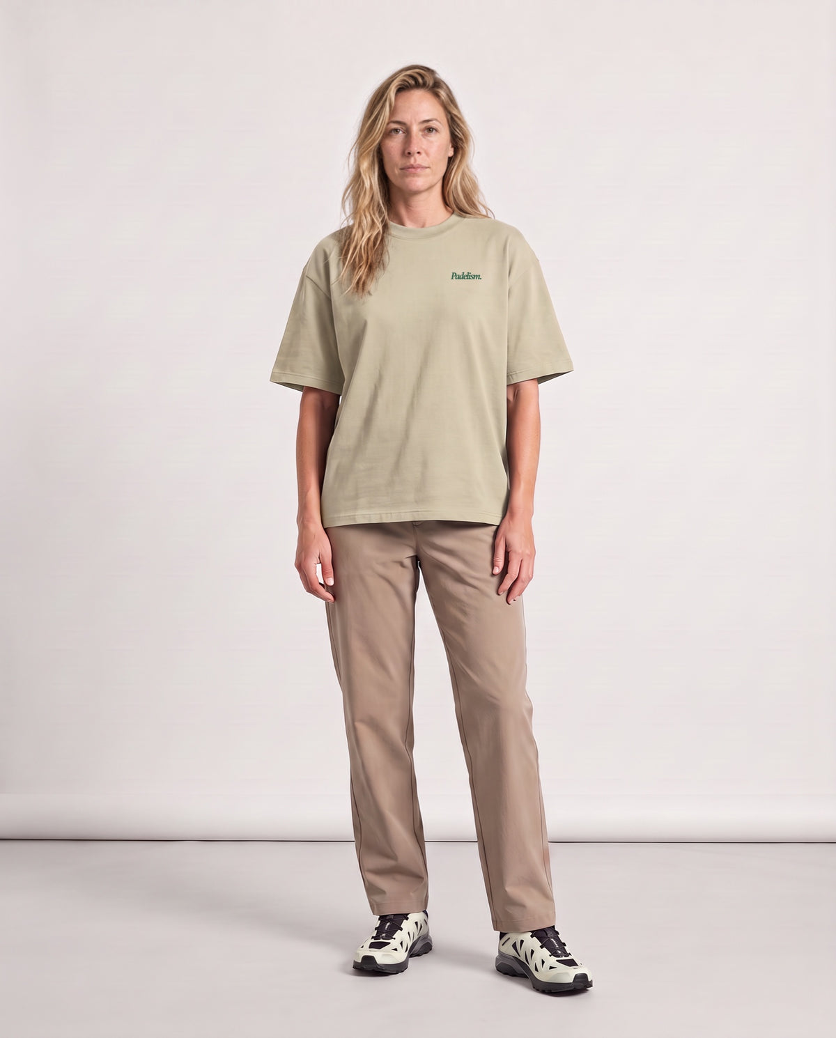 Classic LC - Heavyweight T-shirt in Sand Color, worn on model, woman, front