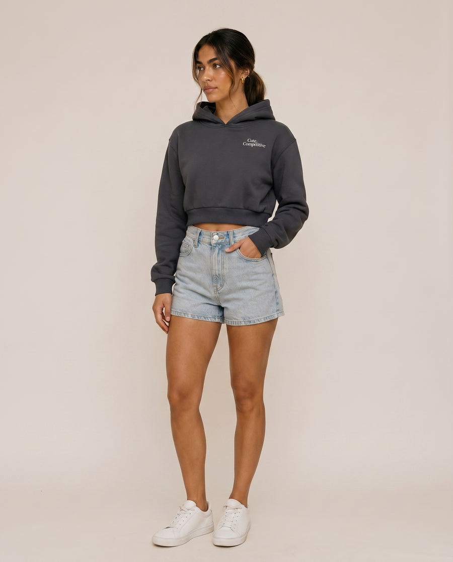 Cute and Competitive Cropped Hoodie - Charcoal Gray