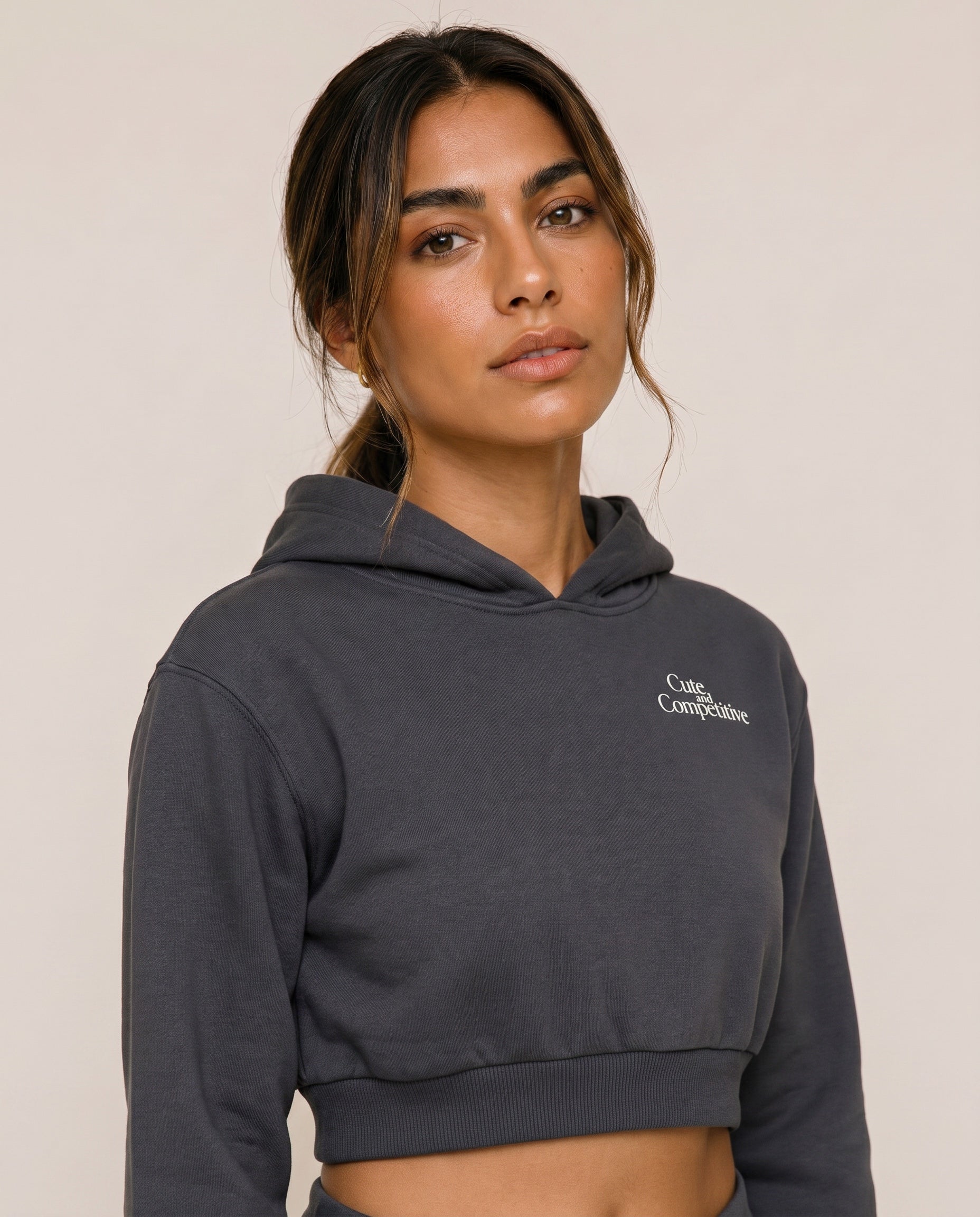 Cute and Competitive Cropped Hoodie - Charcoal Gray