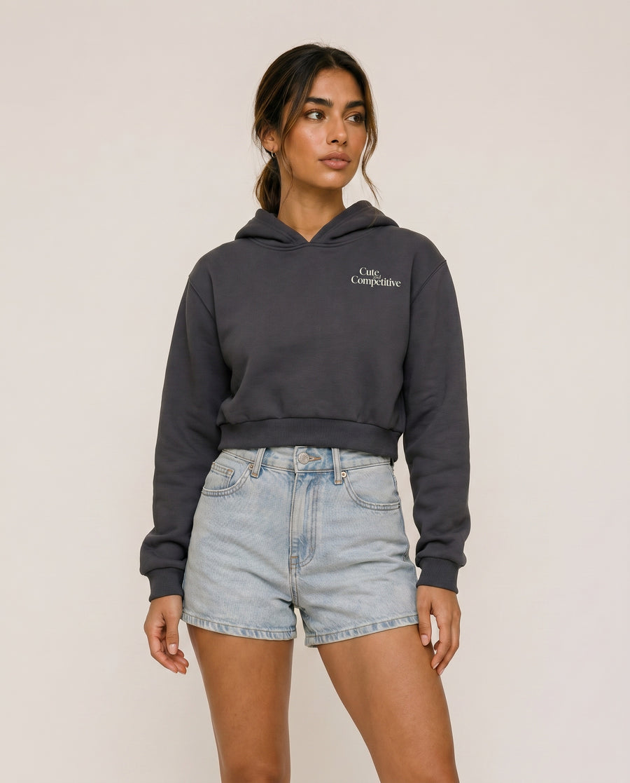 Cute and Competitive Cropped Hoodie - Charcoal Gray