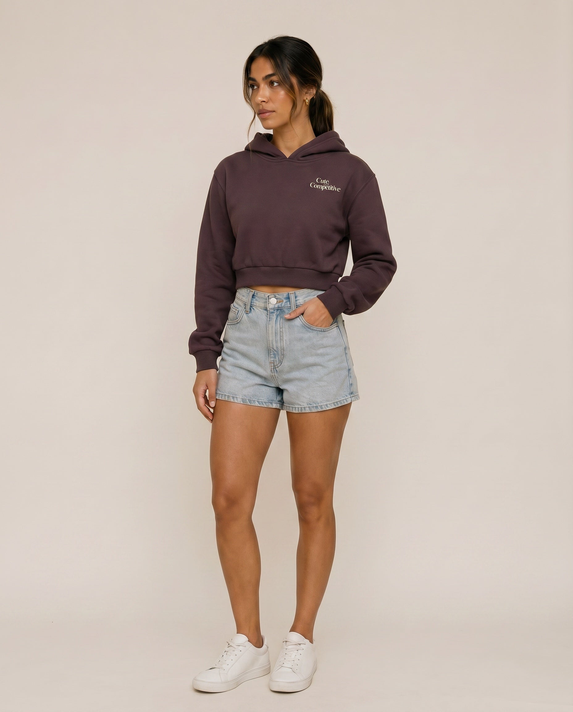 Cute and Competitive Cropped Hoodie - Dark Reddish Purple