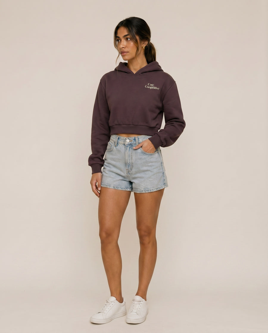 Cute and Competitive Cropped Hoodie - Dark Reddish Purple